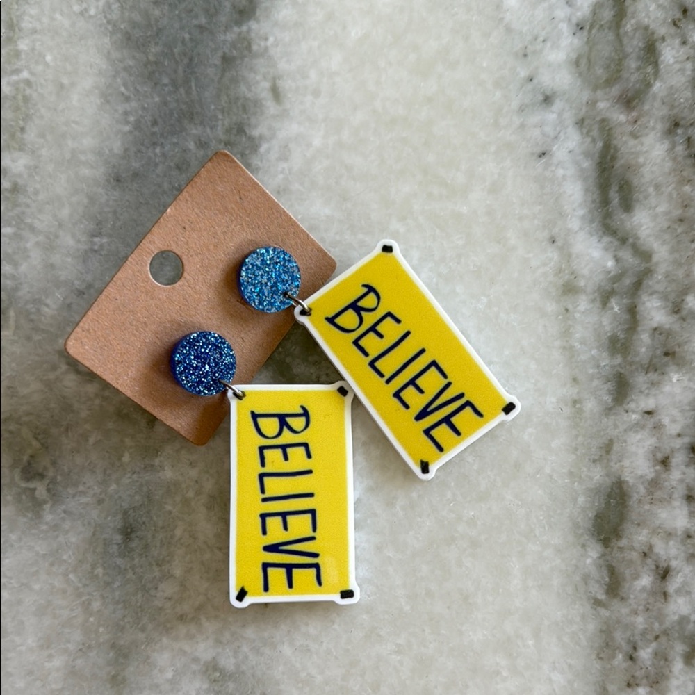 Yellow 'Believe' Earrings with Blue Accents